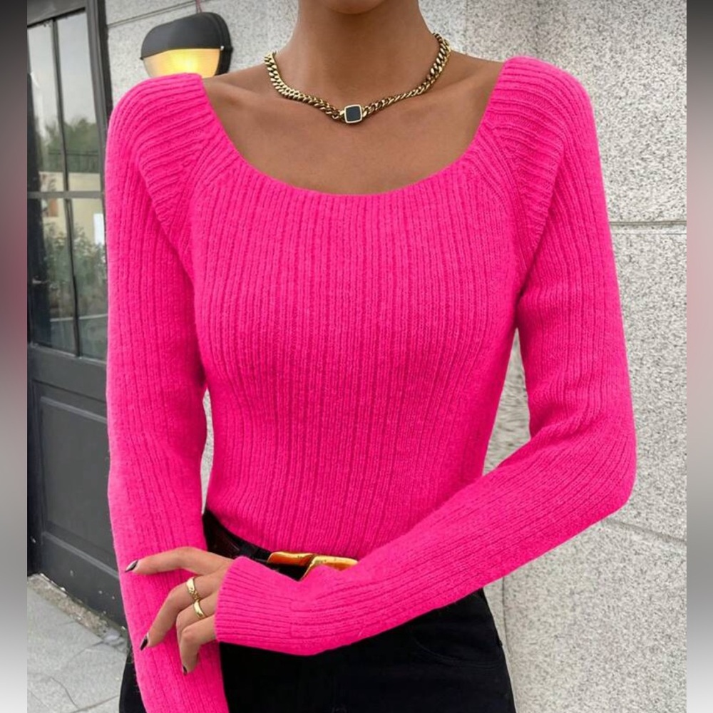 Hot Pink Wide round neck sweater.